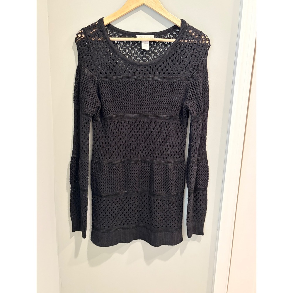 Design History Womens Black Open Knit Crochet Long Sleeve Sweater Size M